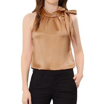 Women's Elegant Satin Sleeveless Bow Knot Tie Mock Neck Solid Work Blouse Top