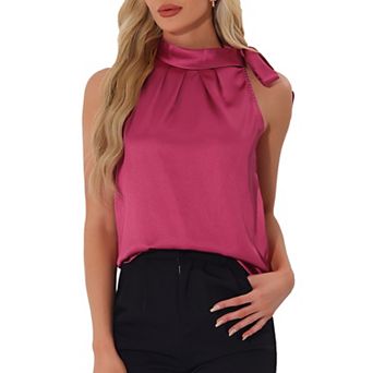 Women's Elegant Satin Sleeveless Bow Knot Tie Mock Neck Solid Work Blouse Top
