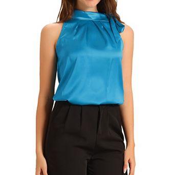 Women's Elegant Satin Sleeveless Bow Knot Tie Mock Neck Solid Work Blouse Top