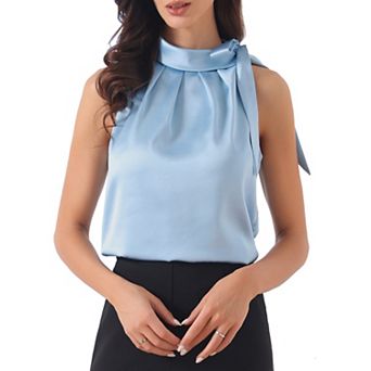 Women's Elegant Satin Sleeveless Bow Knot Tie Mock Neck Solid Work Blouse Top