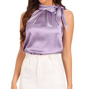 Women's Elegant Satin Sleeveless Bow Knot Tie Mock Neck Solid Work Blouse Top