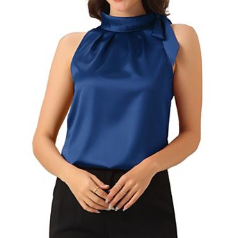 Women's Elegant Satin Sleeveless Bow Knot Tie Mock Neck Solid Work Blouse Top