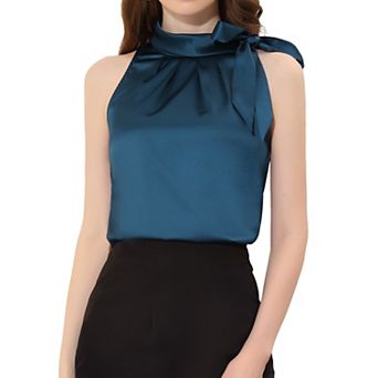 Women's Elegant Satin Sleeveless Bow Knot Tie Mock Neck Solid Work Blouse Top
