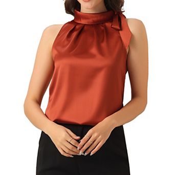 Women's Elegant Satin Sleeveless Bow Knot Tie Mock Neck Solid Work Blouse Top