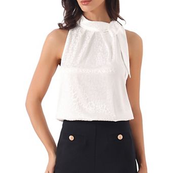 Women's Elegant Satin Sleeveless Bow Knot Tie Mock Neck Solid Work Blouse Top