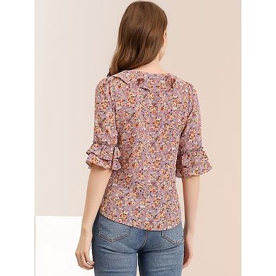 Women's Floral Chiffon Self Tie Neck Blouse Ruffled Neck Flare Sleeve Top
