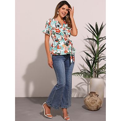 Women's Wrap Peplum Top Blouse Summer Floral Short Sleeve Ruffle V Neck Belted Shirts