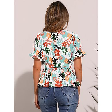 Women's Wrap Peplum Top Blouse Summer Floral Short Sleeve Ruffle V Neck Belted Shirts
