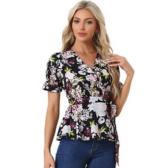 Women's Wrap Peplum Top Blouse Summer Floral Short Sleeve Ruffle V Neck Belted Shirts