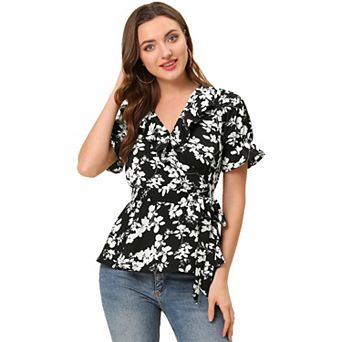Women's Wrap Peplum Top Blouse Summer Floral Short Sleeve Ruffle V Neck Belted Shirts