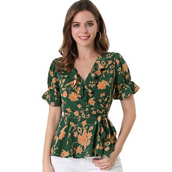 Women's Wrap Peplum Top Blouse Summer Floral Short Sleeve Ruffle V Neck Belted Shirts