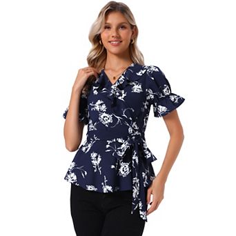 Women's Wrap Peplum Top Blouse Summer Floral Short Sleeve Ruffle V Neck Belted Shirts