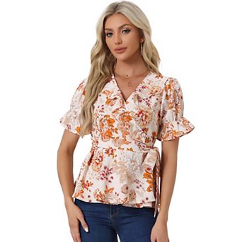 Women's Wrap Peplum Top Blouse Summer Floral Short Sleeve Ruffle V Neck Belted Shirts