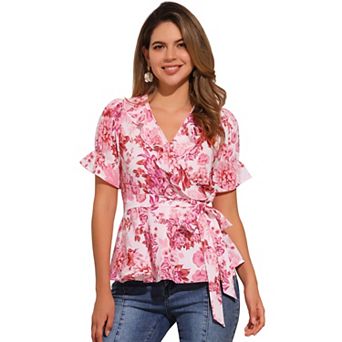 Women's Wrap Peplum Top Blouse Summer Floral Short Sleeve Ruffle V Neck Belted Shirts