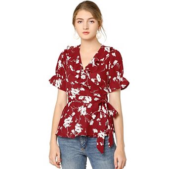 Women's Wrap Peplum Top Blouse Summer Floral Short Sleeve Ruffle V Neck Belted Shirts