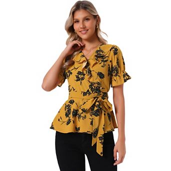 Women's Wrap Peplum Top Blouse Summer Floral Short Sleeve Ruffle V Neck Belted Shirts