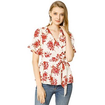 Women's Wrap Peplum Top Blouse Summer Floral Short Sleeve Ruffle V Neck Belted Shirts