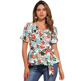 Women's Wrap Peplum Top Blouse Summer Floral Short Sleeve Ruffle V Neck Belted Shirts