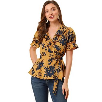 Women's Wrap Peplum Top Blouse Summer Floral Short Sleeve Ruffle V Neck Belted Shirts