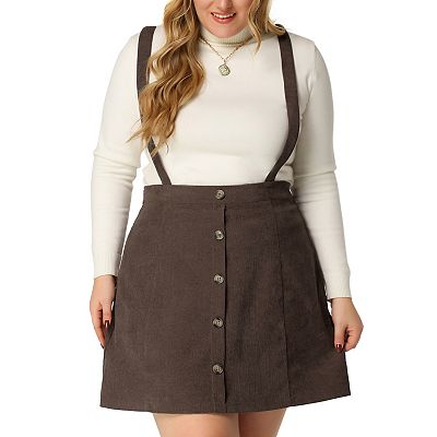 Women's Plus Size Button Zip A-Line Corduroy Mini Suspender Skirt