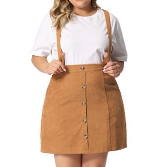Women's Plus Size Button Zip A-Line Corduroy Mini Suspender Skirt
