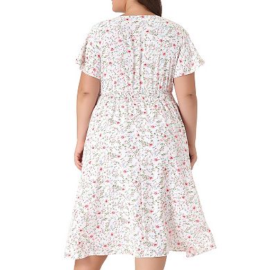 Women's Plus Size Summer Dress Ditsy Floral V Neck Smocked Waist Short Sleeve A Line Midi Dress