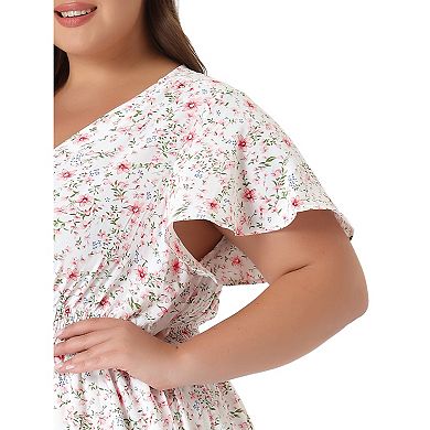 Women's Plus Size Summer Dress Ditsy Floral V Neck Smocked Waist Short Sleeve A Line Midi Dress