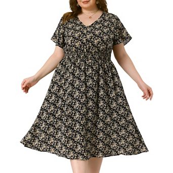 Women's Plus Size Summer Dress Ditsy Floral V Neck Smocked Waist Short Sleeve a Line Midi Dress
