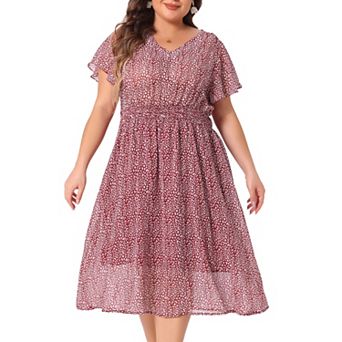 Women's Plus Size Summer Dress Ditsy Floral V Neck Smocked Waist Short Sleeve a Line Midi Dress