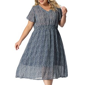 Women's Plus Size Summer Dress Ditsy Floral V Neck Smocked Waist Short Sleeve a Line Midi Dress