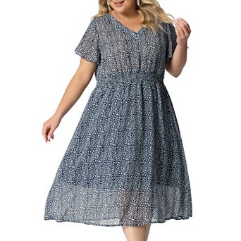 Women's Plus Size Summer Dress Ditsy Floral V Neck Smocked Waist Short Sleeve a Line Midi Dress