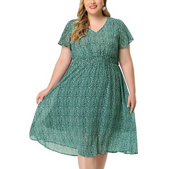 Women's Plus Size Summer Dress Ditsy Floral V Neck Smocked Waist Short Sleeve a Line Midi Dress