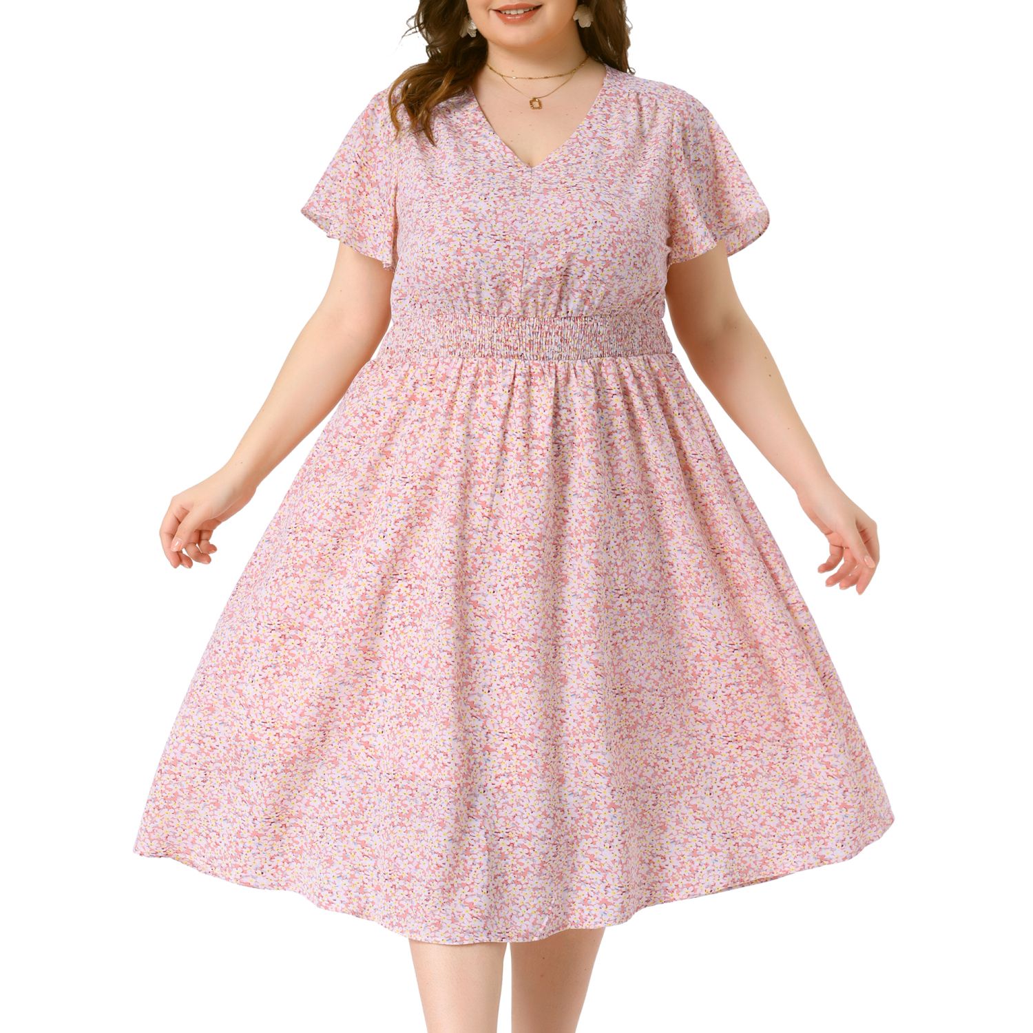 Женские платья Plus Size Summer Dress Ditsy Floral V Neck Smocked Waist Short Sleeve a Line Midi Dress