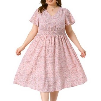 Women's Plus Size Summer Dress Ditsy Floral V Neck Smocked Waist Short Sleeve a Line Midi Dress