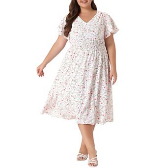 Women's Plus Size Summer Dress Ditsy Floral V Neck Smocked Waist Short Sleeve a Line Midi Dress