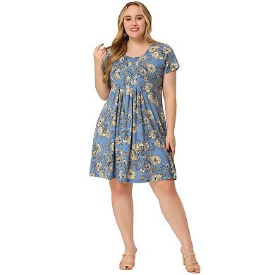 Women's Plus Size Short Sleeve Relaxed Fit Floral Midi Dress