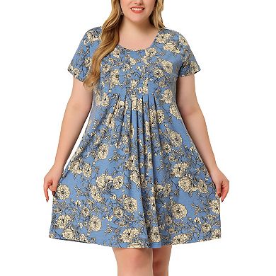 Women's Plus Size Short Sleeve Relaxed Fit Floral Midi Dress