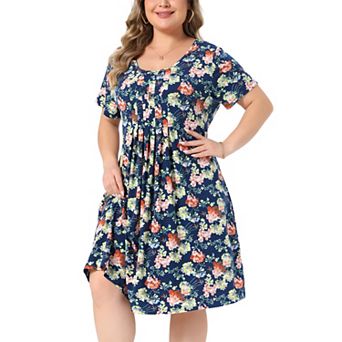 Women's Plus Size Pleated Comfortable Short Sleeve Relaxed Fit Floral Dresses