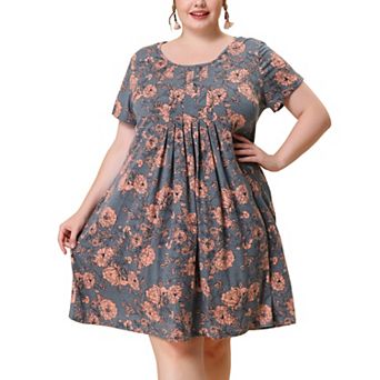 Women's Plus Size Pleated Comfortable Short Sleeve Relaxed Fit Floral Dresses