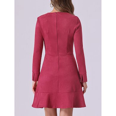 Women's Faux Suede Crew Neck Long Sleeve Zipper Ruffled Hem Mini Dress