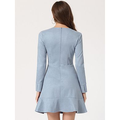 Women's Faux Suede Crew Neck Long Sleeve Zipper Ruffled Hem Mini Dress