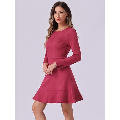 Women's Faux Suede Crew Neck Long Sleeve Zipper Ruffled Hem Mini Dress