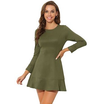 Women's Faux Suede Crew Neck Long Sleeve Zipper Ruffled Hem Mini Dress