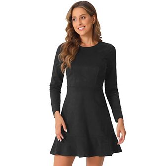 Women's Faux Suede Crew Neck Long Sleeve Zipper Ruffled Hem Mini Dress