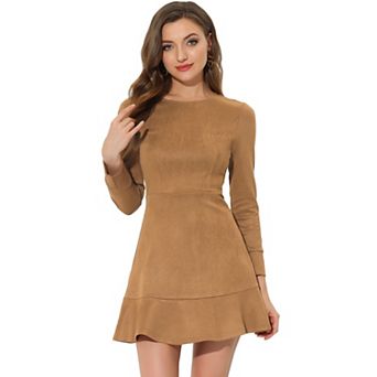 Women's Faux Suede Crew Neck Long Sleeve Zipper Ruffled Hem Mini Dress