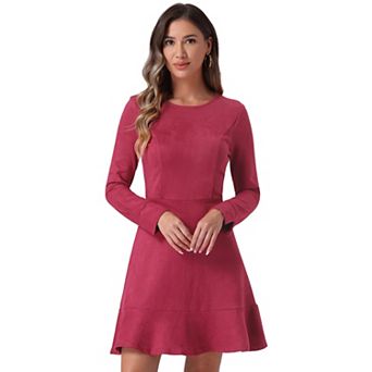 Women's Faux Suede Crew Neck Long Sleeve Zipper Ruffled Hem Mini Dress