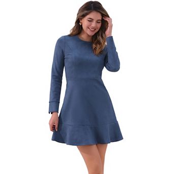 Women's Faux Suede Crew Neck Long Sleeve Zipper Ruffled Hem Mini Dress