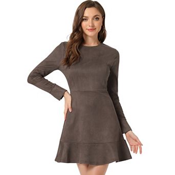 Women's Faux Suede Crew Neck Long Sleeve Zipper Ruffled Hem Mini Dress