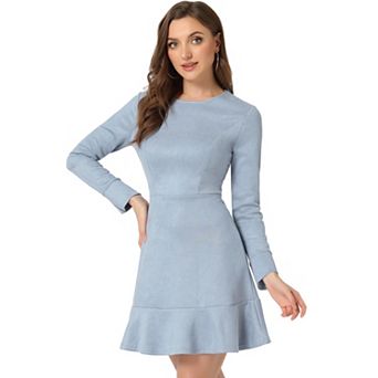 Women's Faux Suede Crew Neck Long Sleeve Zipper Ruffled Hem Mini Dress