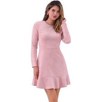 Women's Faux Suede Crew Neck Long Sleeve Zipper Ruffled Hem Mini Dress